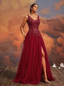 Elisanya Váy dạ hội dài bằng vải tuyn sequin xẻ cao cổ chữ V màu đỏ tía, Váy dự tiệc sang trọng thanh lịch dành cho phụ nữ, Váy dự tiệc, Váy của phụ nữ, Váy dài, Váy dạ hội, Váy dự tiệc cưới, Váy trang trọng - Màu Đỏ Sâu - Xem 9