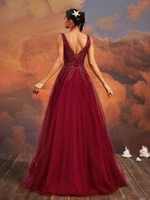 Elisanya Váy dạ hội dài bằng vải tuyn sequin xẻ cao cổ chữ V màu đỏ tía, Váy dự tiệc sang trọng thanh lịch dành cho phụ nữ, Váy dự tiệc, Váy của phụ nữ, Váy dài, Váy dạ hội, Váy dự tiệc cưới, Váy trang trọng - Màu Đỏ Sâu - Xem 3