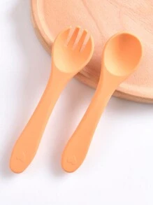 1 对定制硅胶叉勺套装，柔软、耐用、易于清洁，婴儿喂养用品，适合所有季节