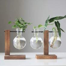 Maceta de cristal creativa para escritorio, florero con bombilla, soporte de madera, contenedor de plantas hidropónicas, jarrones de decoración de mesa para el hogar - B - Ver 3