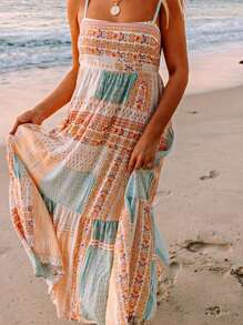Boho Vacation Blue  Elegant Classic Tiered Maxi Long Shirt  Dress With Belt  Versatile Summer Dress For Women - 彩色 - 查看 2