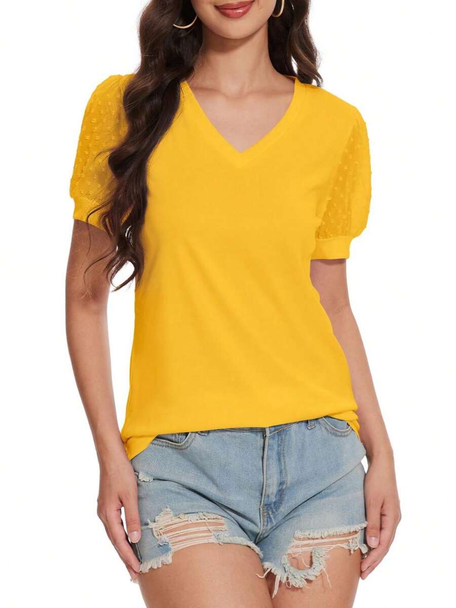OUTBALL Women's Casual Loose V Neck Swiss Dot Puff Sleeve T-Shirts - Summer Tops - 黃色 - 查看 1