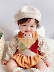 Autumn/Winter Baby & Kids Warm Knit Beret Hat, Solid Color Artistic Painter Beret With Floral Decor, Suitable For Holiday, Gathering, Party, Travel, Daily Wear, Gift-Giving