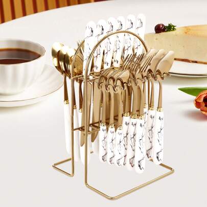 24-Piece Stainless Steel Cutlery Set With Stand, Golden & White Modern Flatware For 6 People, Space-Saving & Stylish Dining Set For Family Meals And Special Occasions