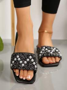 开斋节穆女士大码凉鞋，黑色平底一脚蹬拖鞋，水晶装饰露趾平底沙滩凉鞋，女士拖鞋 - 黑色 - 查看 7