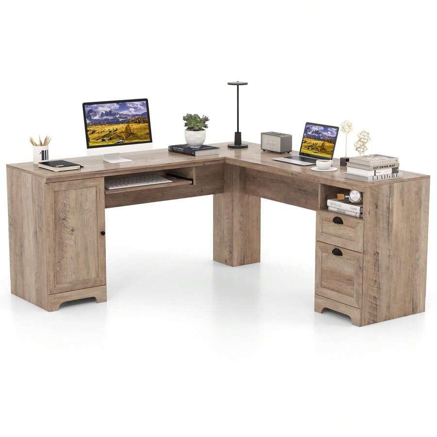 Homasis 66 Inch L-Shaped Computer Desk Spacious Corner Desk W/ Drawers & Cabinet