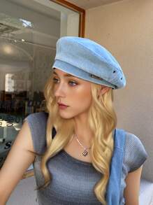 1 件 2025 春夏新品英伦风格个性化时尚字母金属装饰女士牛仔贝雷帽，百搭休闲复古艺术帽 - 彩色 - 查看 3