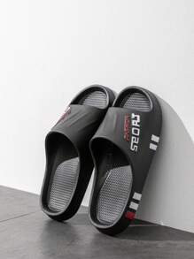 男士夏季拖鞋 - 舒适 EVA 沙滩凉鞋，带字母印花，厚底休闲拖鞋，适合户外穿着 - 黑色 - 查看 1