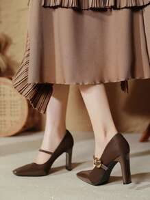 Qiluyuan Women's Fashion Shoes, Satin Patchwork With Buckle Strap, Square Toe, 9cm Super High Chunky Heel, Spring New Party/Date/Office Pumps, Black, Wine Red, Brown - Brown - View 4