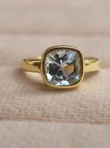 1pc Fashionable Light Blue Cubic Zirconia Stone Ring, Wedding, Engagement, Anniversary Gift For Women - 金色 - 查看 2