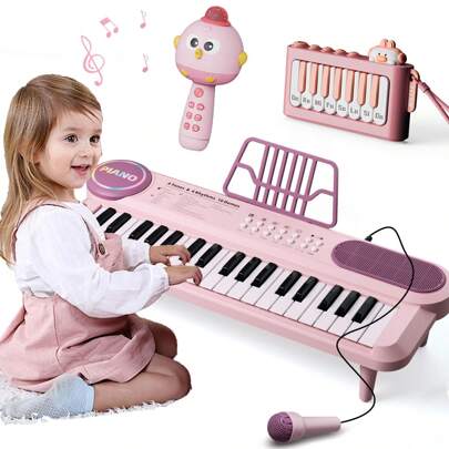 Juguete de piano rosa para bebé niñas, teclado musical de 37 teclas, juguete musical multifuncional con micrófono y teclado de piano portátil mini, piano de juguete para niños pequeños de 1 a 3 años, piano musical para niñas, regalo educativo temprano de cumpleaños para niños y niñas de 2 a 4 años