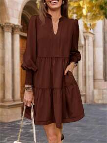 Womens Fall Long Sleeve Tunic Dress Casual V Neck Loose Ruffle Tiered Dress - Cà phê nâu - Xem 1