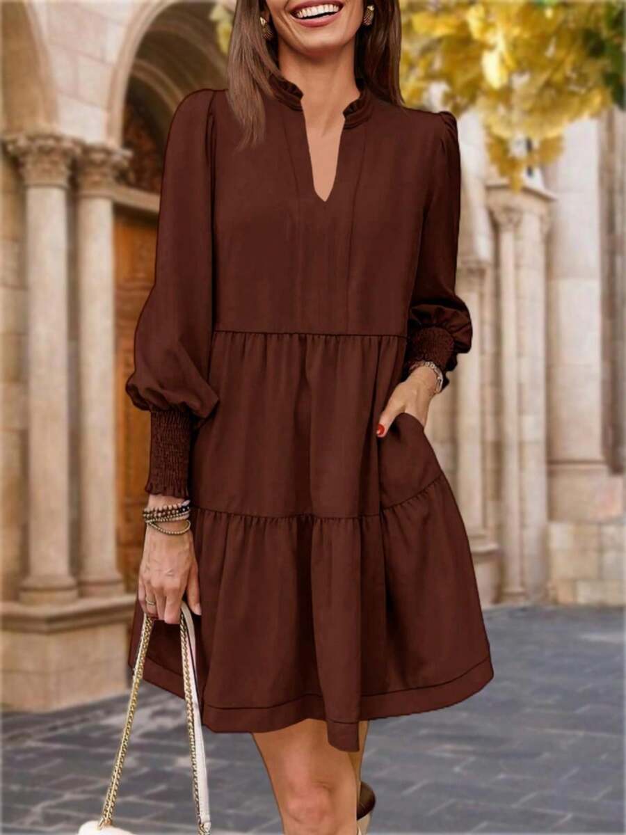 Womens Fall Long Sleeve Tunic Dress Casual V Neck Loose Ruffle Tiered Dress - Cà phê nâu - Xem 1