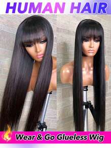 Human Hair Wigs With Bangs Straight Glueless Wigs 150% Density Wear Go Wigs Real Remy Human Hair Wigs For Women Full Machine Made Can Be Any Style For Use In Daily Party Cosplay Natural Black 8-30 32 34Inch - Natural Black - View 3