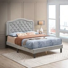 Upholstered Bed Button Tufted With Curve Design - Strong Wood Slat Support - Easy Assembly - Gray Velvet - Platform Bed - Queen - Nhiều màu - Xem 2