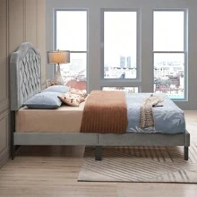 Upholstered Bed Button Tufted With Curve Design - Strong Wood Slat Support - Easy Assembly - Gray Velvet - Platform Bed - Queen - Nhiều màu - Xem 4