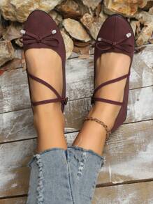 Women's French Pointed Toe Cross Strap Mary Jane Shoes, Wedge Heel Bow Rhinestone Decor Flats, Comfortable Versatile Slip-On Casual Grandma Shoes - Red - View 2