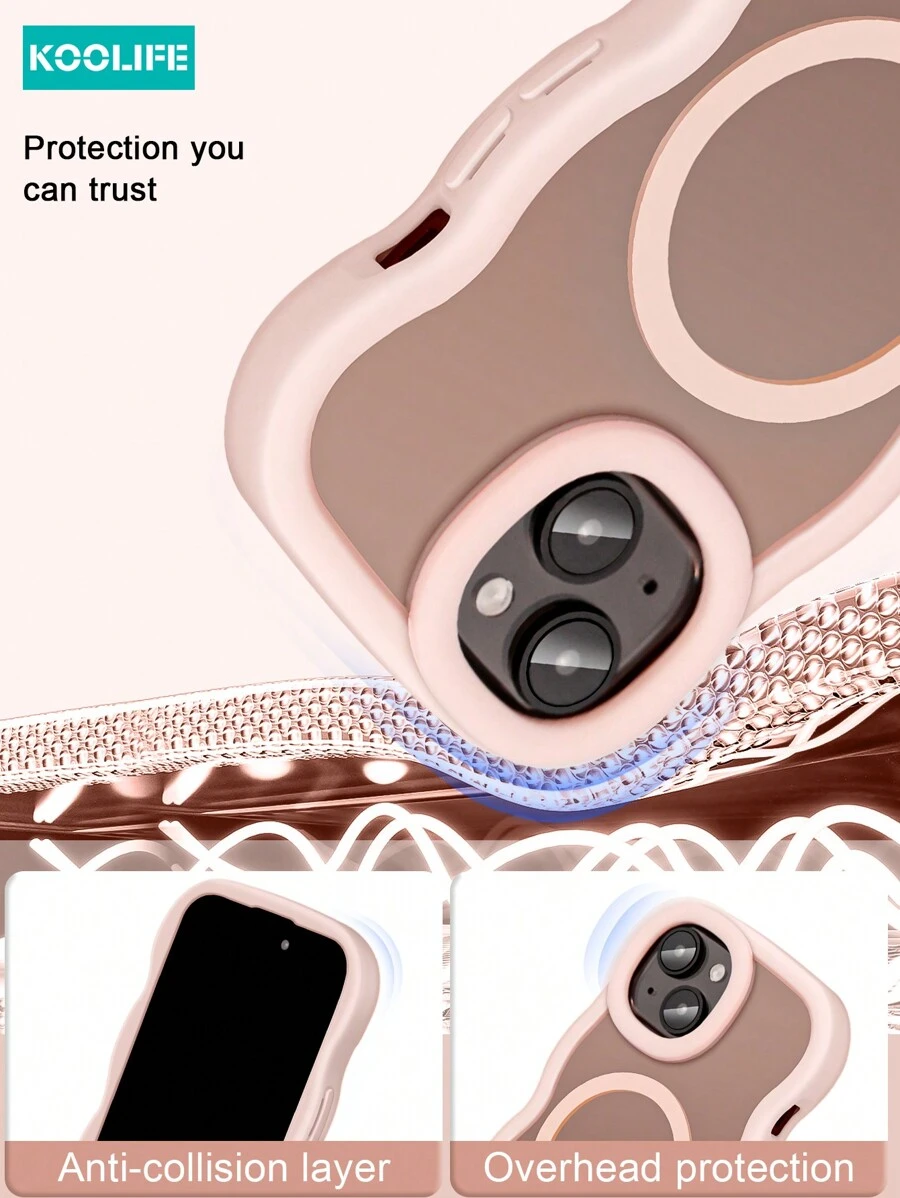 Pink Koolife 2pcs Phone Case & Screen Protector Set [1pc Wavy Edge Shockproof Protective Case, 1pc Camera Lens Film] With Magnetic Charging, Raised Lens Protection, PC+TPU Material, Compatible With IPhone 17 ProMax/17/17 Pro/17 Air/16/16 Pro/16 Plus/16 ProMax/15 ProMax/15 Pro/15 Plus/14 ProMax/13 ProMax/13 Pro/12 ProMax/11 - Pink + Lens Film - View 1