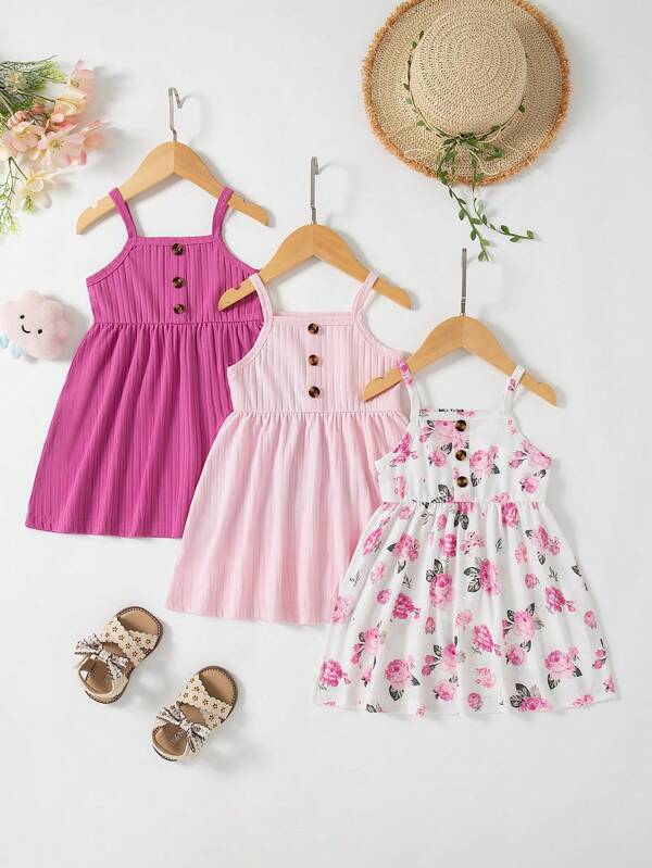 3 stuks/set babymeisjes bloemenprint effen kleur geribbelde knoopbandjurk