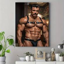 Cuadro de arte de lienzo con modelo masculino musculoso en corsé de piel sintética negra - Decoración para el hogar y la oficina con marco de pino - Adecuado para bares, cafeterías o dormitorios - Regalo ideal para Navidad - 1 pieza de pintura al óleo enmarcada en madera (3) Grosor 2,25 cm/0,9 pulgadas, decoración para el hogar, decoración de habitación estética, decoración de pared, regalo perfecto, decoración de pared de otoño e invierno, decoración de sala de estar, decoración de dormitorio, decoración de cocina, decoración de entrada, decoración de baño, pintura de pared directa, póster de pintura mural de alta calidad - Negro - Ver 3