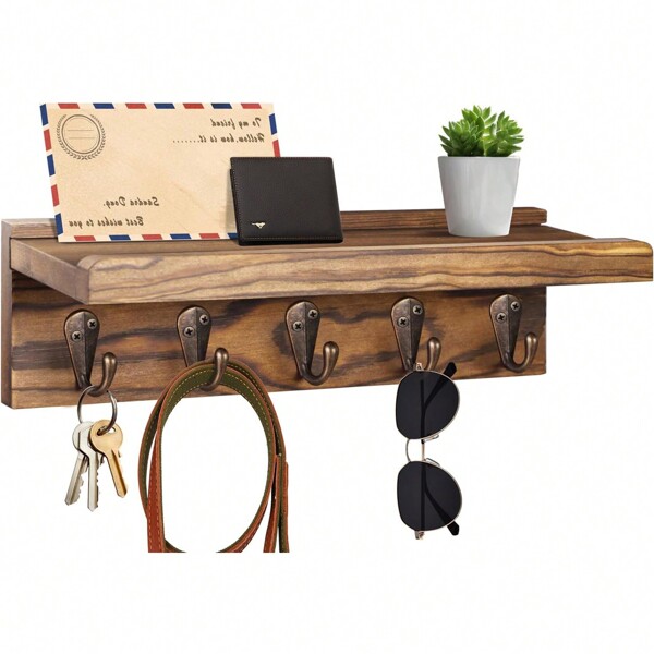 Perchero de llaves para organización de pared, organizador de correo y llaves de madera para entrada, pasillo, cocina, estilo granja, perchero de 5 llaves montado en la pared