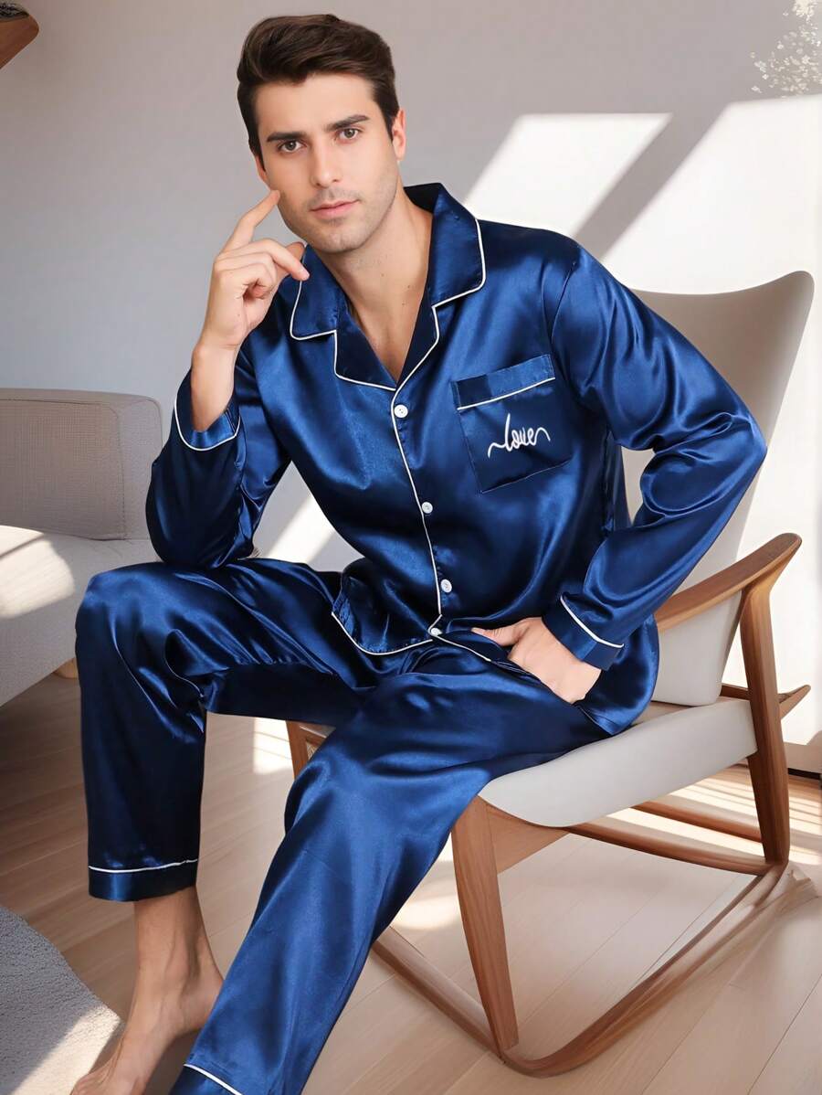 男士缎面时尚两件套字母印花翻领长袖上衣和裤子睡衣套装适合所有季节 - 藍色 - 查看 1