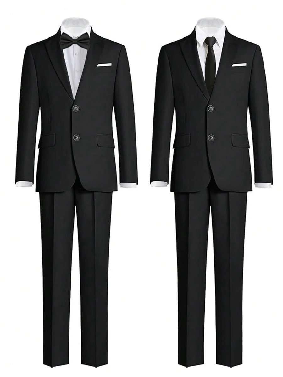 Traje formal para niños preadolescentes de 5 piezas para vestir, traje de esmoquin para boda, incluye camisa, pantalones, corbata y pajarita - Negro - Ver 1