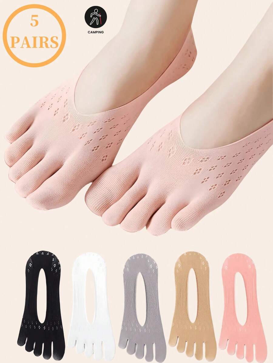 5 Pairs Women's Toe Socks, Invisible Socks, Boat Socks, Low-Cut, Breathable, Moisture-Wicking, Thin For Summer, Mesh Design