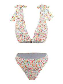 Ditsy Floral Print Fabric Bowknot Swimwear Bikini Set, For Summer Beach Vacation - Multicolor - View 6