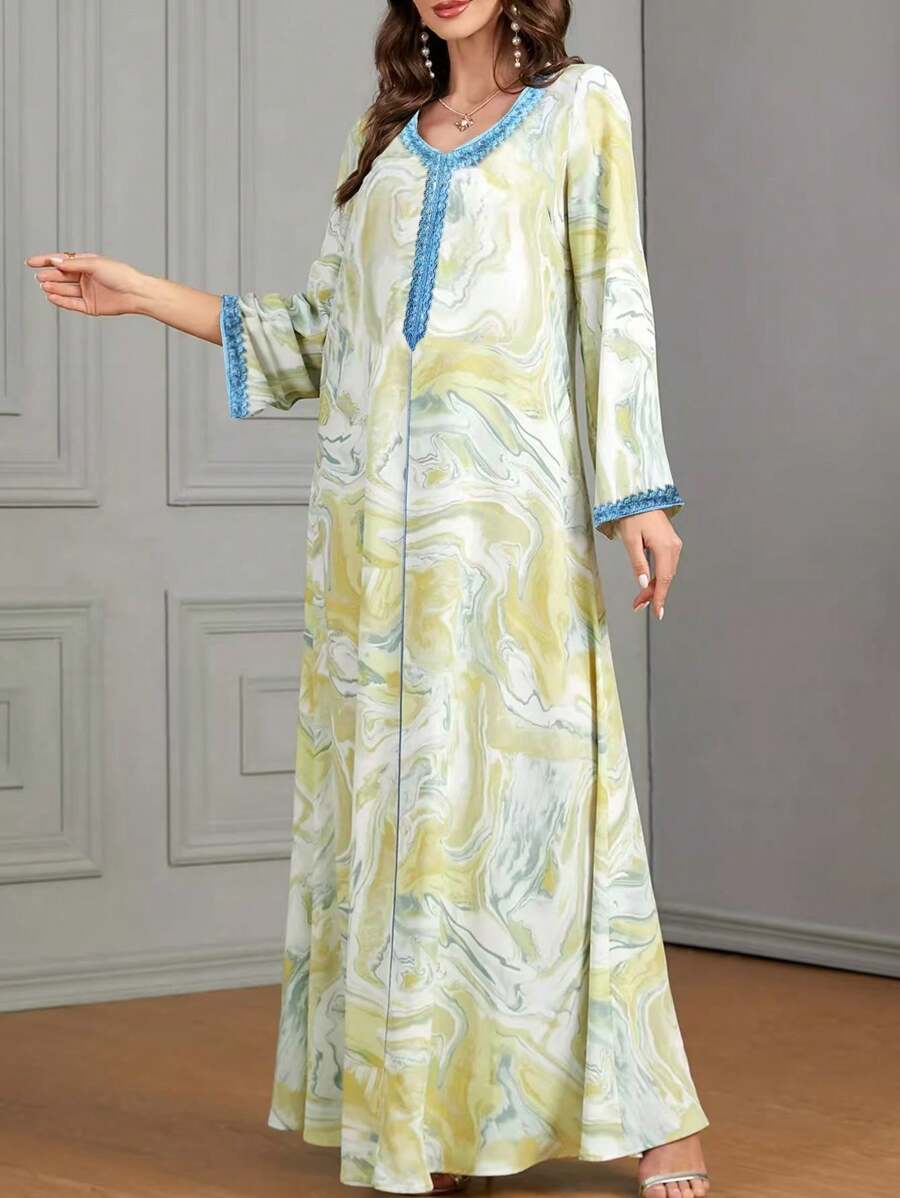 Women's Print Patchwork V-Neck Long Sleeve Minimalist Long Dress
