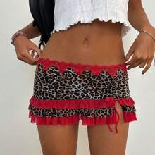 Women Mini Short Skirt Low Waisted Leopard Print Ruffle Lace Edge Fashion Short Skirt - 紅色 - 查看 4