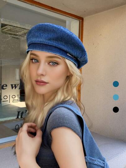 1pc 2025 Spring/Summer New Arrival British Style Personalized Fashion Letter Metal Decor Ladies Denim Beret Hat, Versatile Casual Retro Artistic Cap