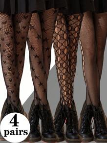 4 Pairs Of Love Stars And Ripped Design Women's Fishnet Stockings