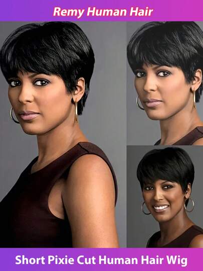 短款精灵短发人发假发 女士短直发波波头人发假发 自然直发雷米无胶假发 可戴机织假发 带刘海 180%