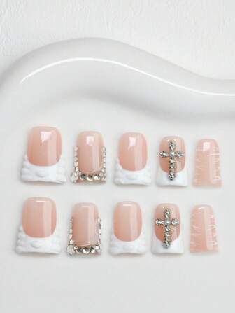10Pcs/Set Handmade Y2K Style Duck Nail Tips, Natural Color With French White Tips, Sugar, Cross, Rhinestone Design, For Women And Girls, Suitable For Party, Dance, Daily Wear, Comes With Tool Kit, A Great Gift For Ladies Nails Press On Nails Nail Supplies Nails