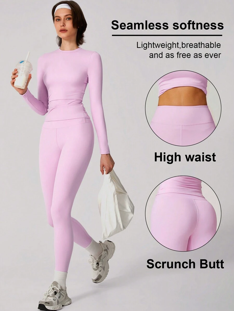 Conjunto de Top deportiva y pantalones de un solo color simple para mujer, ideal para yoga y uso diario