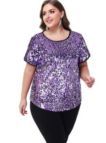 Women's Sequin Tops Plus Size Round Neck Sparkle Glitter Short Sleeve Party Tunic Blouse - Màu tím và bạc - Xem 3