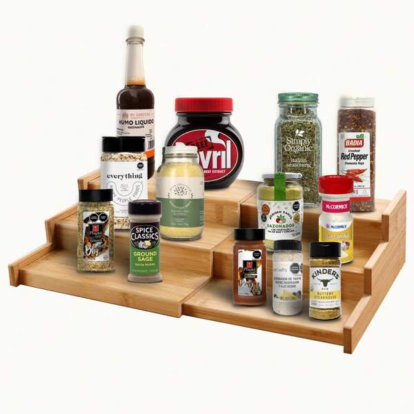 SHIXIONG Organizador de especias expandible cocina,3 niveles de escalones para alacena extensibles,8.75 pulgada especiero,Alta dureza y fácil de limpiar,para Despensa, Encimera, Mostrador(Natural)