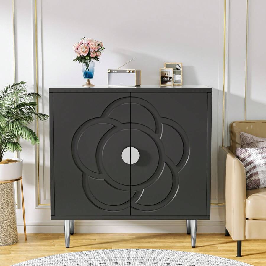 ALSOTOP Flower-Shaped Double Opening Door Cabinet – Elegant Storage Organizer For Home, Living Room, Or Bedroom - Xám - Xem 1