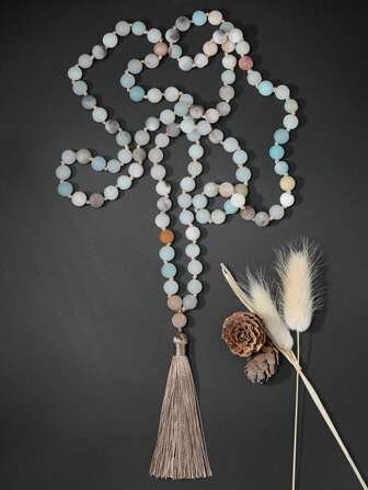 6mm Matte Amazoniet Geknoopte 108 Mala Kralen Ketting Meditatie Yoga Gebed Sieraden Met Kwast Hanger Japamala