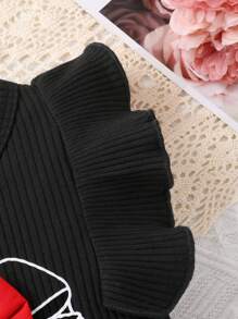 Set de 3 piezas para outfit de verano de niñas bebé - Body con volantes y moño, short estampado de lunares blancos y diadema