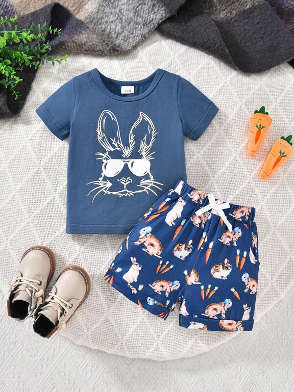 Conjunto de 2 piezas para bebé y niño pequeño para fiesta de Pascua, con camiseta de manga corta y pantalones cortos con estampado de conejo