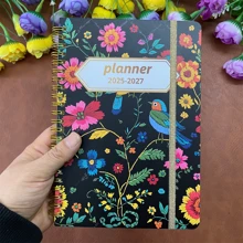 1pc 3 Year Monthly Planner 2025-2027, Jan. 2025 - Dec. 2027, Elastic Closure, Twin-Wire Binding-(Flower Cover) - 黑色 - 查看 5