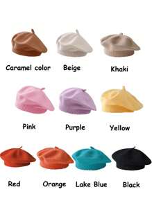 Autumn/Winter Baby & Kids Warm Knit Beret Hat, Solid Color Artistic Painter Beret With Floral Decor, Suitable For Holiday, Gathering, Party, Travel, Daily Wear, Gift-Giving