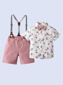 BOARNSEORL 2pcs Baby Boys Gentleman Outfit, Printed Shirt With Bow Tie And Overalls Shorts, Fashionablntic For Birthday Party, Valentine's Day