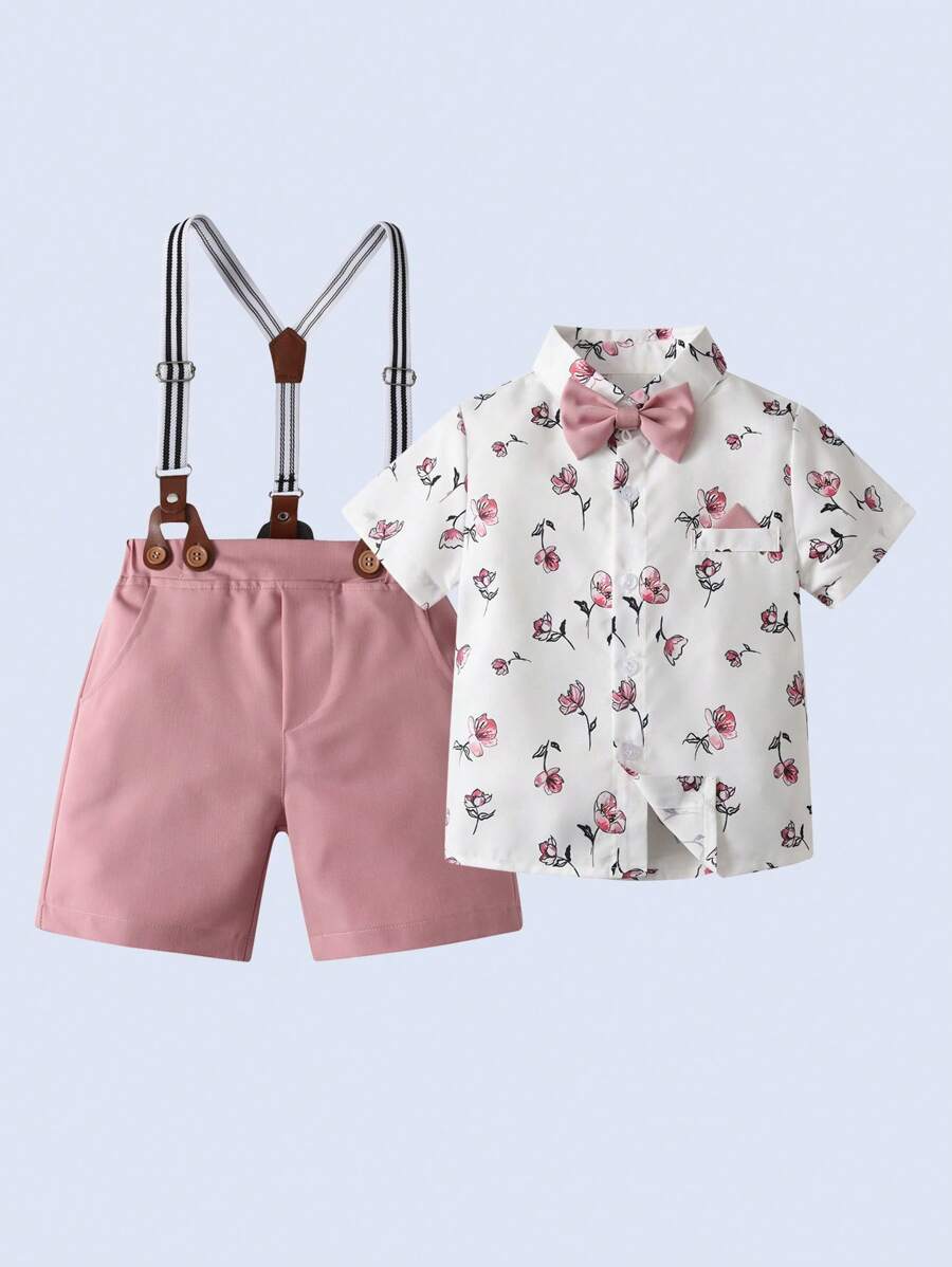 BOARNSEORL 2pcs Baby Boys Gentleman Outfit, Printed Shirt With Bow Tie And Overalls Shorts, Fashionablntic For Birthday Party, Valentine's Day