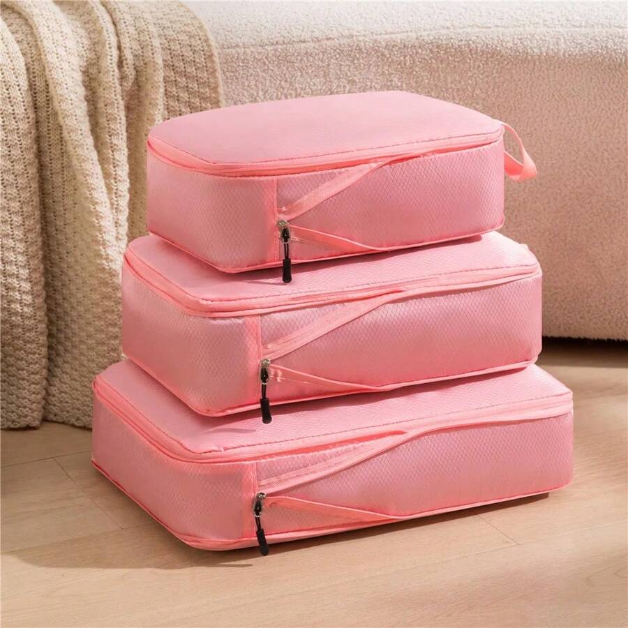 3Pcs/Set Bolsa de Viaje Compresible Multifuncional Bolsa de Almacenamiento de Viaje Impermeable Organizador de Equipaje de Nylon Portátil Rosa - Rosa - Ver 1