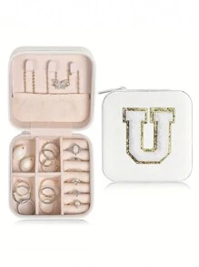 1 pièce Boîte de voyage pour bijoux avec initiale A-Z, étui de rangement multifonctionnel pour bijoux, mini boîte de rangement pour bijoux, organisateur de maquillage, porte-bijoux, sac cosmétique, sac de toilette, cadeau idéal pour les femmes, petite amie, amis, anniversaire, Noël, Halloween - Boîte de voyage pour bijoux avec initiale rose, cadeau de Noël pour adolescentes, retour à l'école