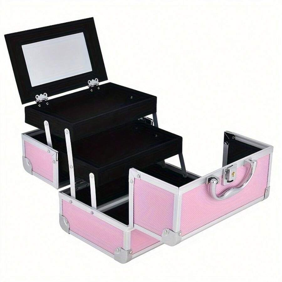 Makeup Case, Portable Aluminum Alloy Organizer, Large Capacity With Mirror Professional Makeup Artist Portable Multi-Layer Small Tool Box