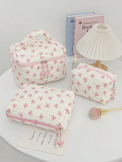 Bolsa de maquillaje con decoración de lazo floral, bolsa con cremallera de tela estampada, estilo dulce, bolsa de cosméticos para el hogar, viajes y uso diario, organizador de maquillaje para mujeres, bolsa de almacenamiento de maquillaje, mini bolsa de viaje, estuche de maquillaje pequeño, accesorios, bolsa para brochas, contenedor de cosméticos, artículos esenciales de viaje, accesorios para damas, artículos de viaje de verano, vacaciones, decoración de baño en el hogar, organizador de maquillaje para vacaciones, accesorios de baño, regreso a la escuela